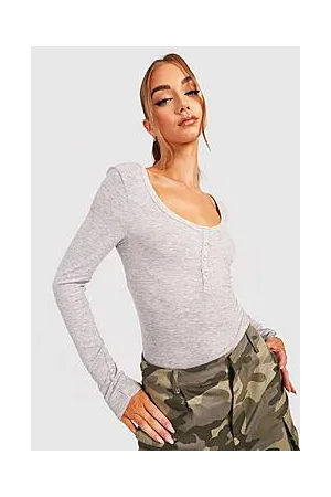 Boohoo Button Front Long Sleve Rib Bodysuit