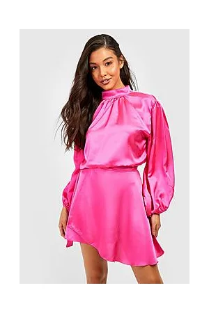 Boohoo Satin High Neck Volume Sleeve Crop & Skirt