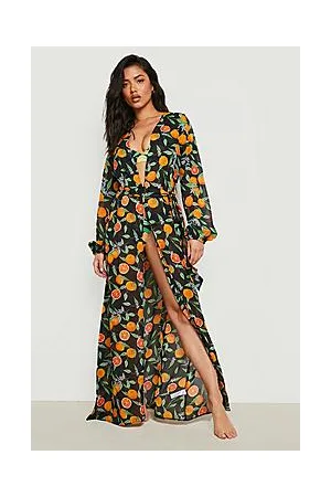 Boohoo Orange Print Chiffon Belted Beach Maxi Kimono