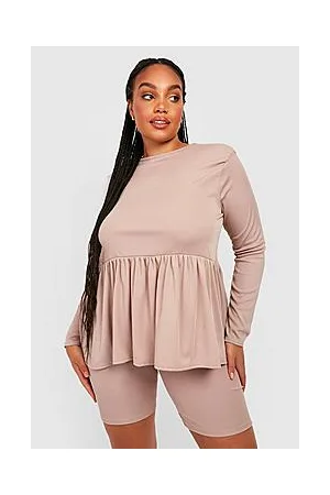 Boohoo Plus Long Sleeve Smock Top And Cycling Shorts
