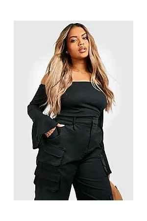 Boohoo Plus Rib Bardot Flare Sleeve Bodysuit