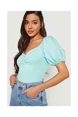 Boohoo Ruched Front Woven Mix Puff Sleeve Bodysuit