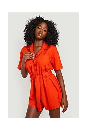 Boohoo Linen Shirt Belted Beach Playsuit