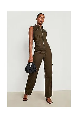 Boohoo Tall Sleeveless Zip Up Cargo Denim Jumpsuit