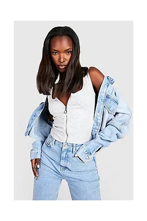 Boohoo Zip Front Rib Square Neck Crop Top