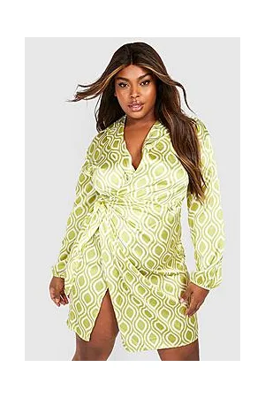 Boohoo Plus Satin Geo Print Wrap Mini Dress