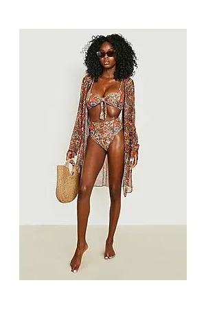 Boohoo 3 Pack Leopard Paisley Tie Bikini Kimono Set