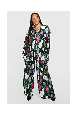 Boohoo Plus Floral Plisse Wide Leg Trousers