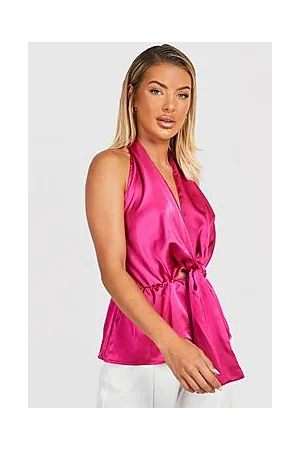 Boohoo Halter Plunge Tie Peplum Top