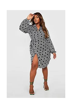 Boohoo Plus Satin Geo Print Wrap Mini Dress