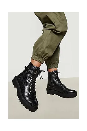 Boohoo Buckled Croc Lace Up Hiker Boot