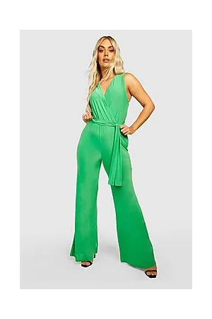 Boohoo Plus Slinky Wave Print Wrap Jumpsuit