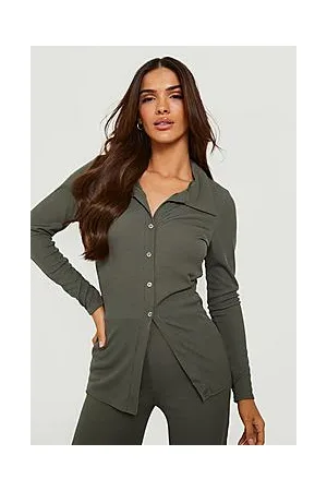Boohoo Rib Collar Long Sleeve Button Up Lounge Set