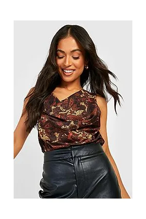 Boohoo Petite Satin Paisley Print Cowl Bodysuit