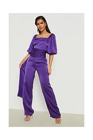 Boohoo Satin Puff Sleeve Wife Leg Jumpsuit