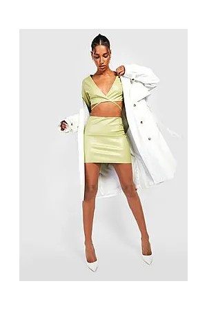 Boohoo Leather Look Tie Cropped Shirt & Mini Skirt