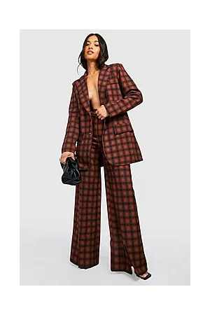 Boohoo Petite Check Wide Leg Split Hem Trousers