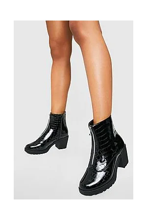Boohoo Patent Croc Zip Front Block Heel Chelsea Boot