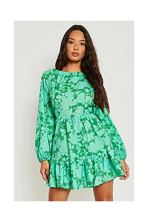 Boohoo Satin Floral Ruffle Skater Dress