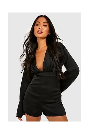 Boohoo Petite Satin Flare Sleeve Open Back Playsuit