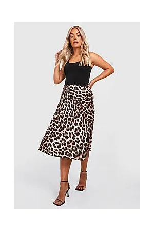 Boohoo Plus Leopard Print Satin Slip Midi Skirt
