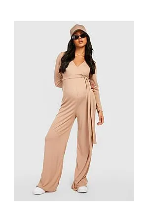 Boohoo Maternity Rib Long Sleeve Wrap Belted Wide Leg Jumpsuit