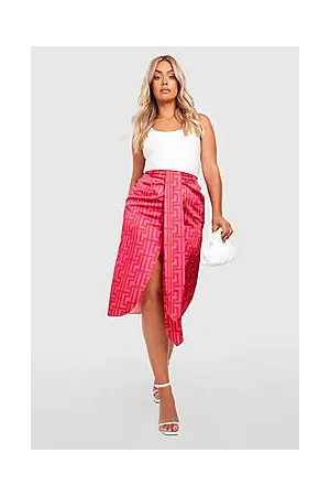 Boohoo Plus Printed Satin Ruched Drape Midi Skirt