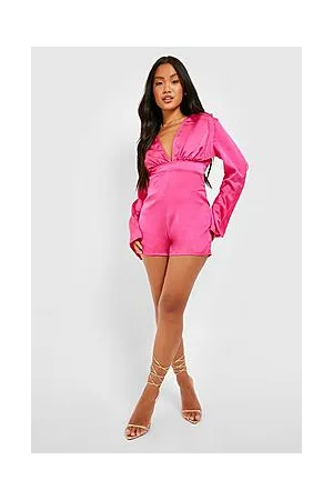 Boohoo Petite Satin Flare Sleeve Open Back Playsuit