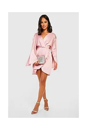 Boohoo Cape Sleeve Satin Wrap Dress