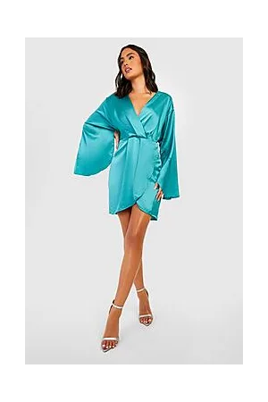 Boohoo Cape Sleeve Satin Wrap Dress