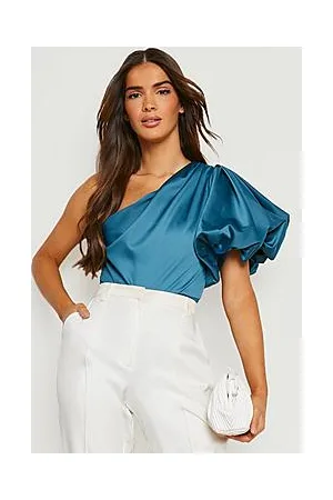 Boohoo One Shoulder Puff Sleeve Satin Bodysuit