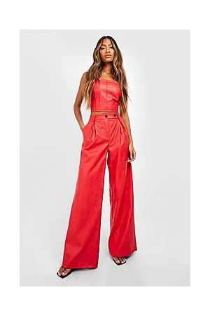 Boohoo Leather Look Contrast Button Wide Leg Trouser