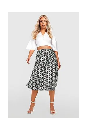 Boohoo Plus Geo Print Satin Slip Midi Skirt