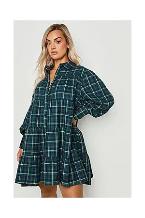 Boohoo Plus Check Ruffle Hem Oversized Smock Dress