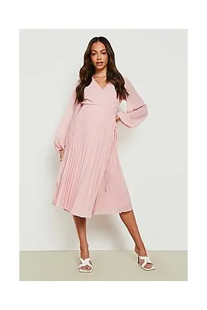 Boohoo Maternity Long Sleeve Wrap Pleated Midi Dress