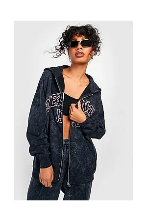 Boohoo Acid Wash Applique Zip Through Hoodie