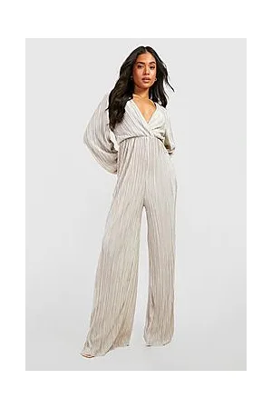 Boohoo Petite Tie Back Plisse Long Sleeve Jumpsuit