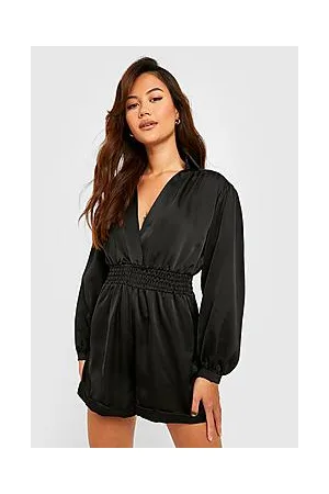 Boohoo Petite Satin Collared Shirred Waist Playsuit