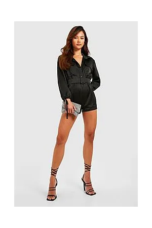 Boohoo Petite Satin Utility Tie Cuff Playsuit