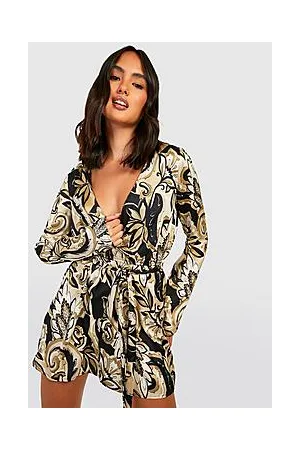 Boohoo Floral Satin Belted Flippy Playsuit