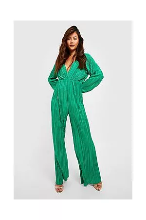 Boohoo Petite Tie Back Plisse Long Sleeve Jumpsuit