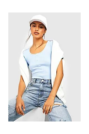 Boohoo Scoop Neck Button Front Rib Bodysuit