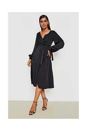 Boohoo Satin Long Sleeve Wrap Midi Dress
