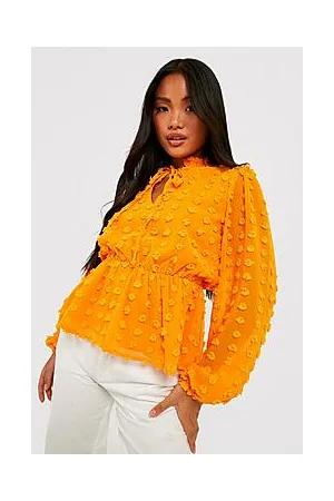 Boohoo Petite Dobby Textured Tie Neck Peplum Top