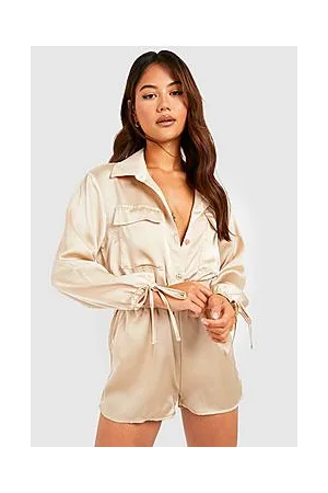 Boohoo Petite Satin Utility Tie Cuff Playsuit