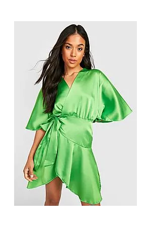 Boohoo Petite Satin Ruffle Wrap Dress