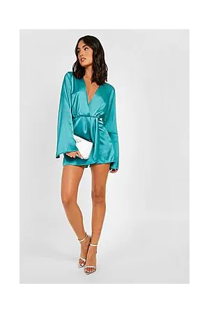 Boohoo Wrap Flare Sleeve Satin Playsuit