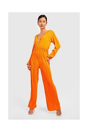 Boohoo Petite Tie Back Plisse Long Sleeve Jumpsuit