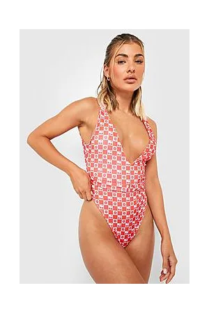 Contrast Geo Plunge Belted Swimsuit