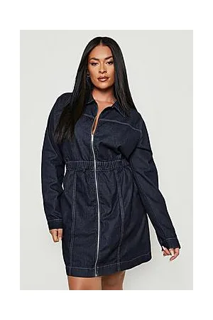 Boohoo Plus Zip Up Elasticated Waist Denim Dress
